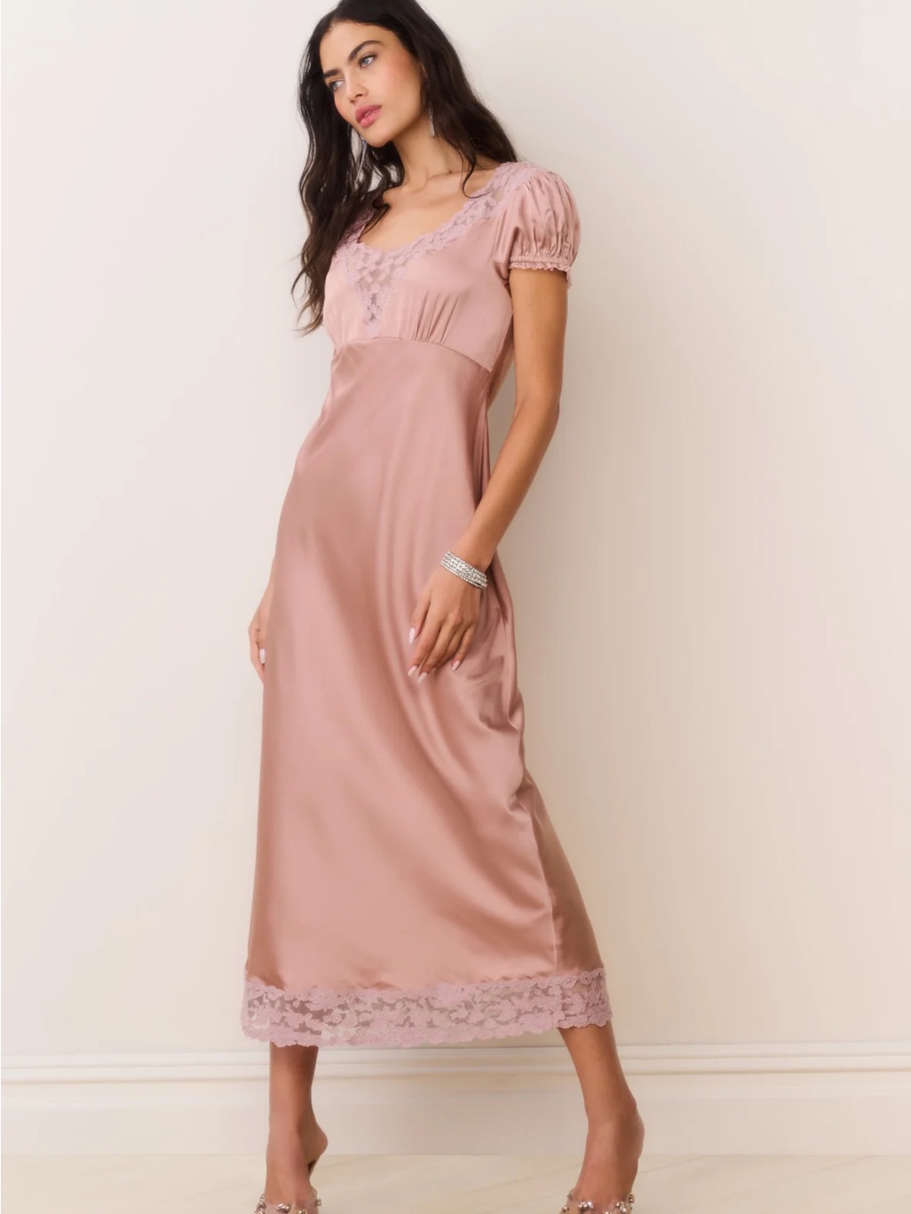 Loveshackfancy Blush Dusty Rose Satin Midi Dress With Lace Trim
